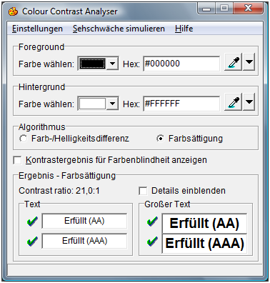 Farbkontraste analysieren mit Colour Contrast Analyser