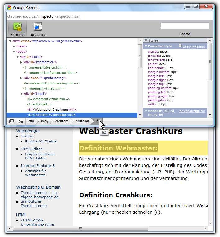 analysierte HTML-Elemente werden auf Website farbig hervorgehoben