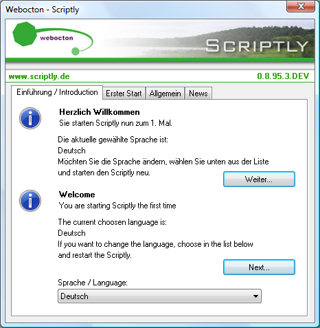 Einführungsbildschirm beim aller ersten Start von Scriptly