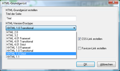 Auswahl der HTML-Version sprich des Doctype