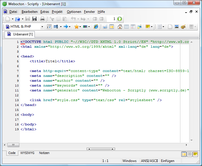 erste Ansicht von Scriptly mit HTML-Quellcode