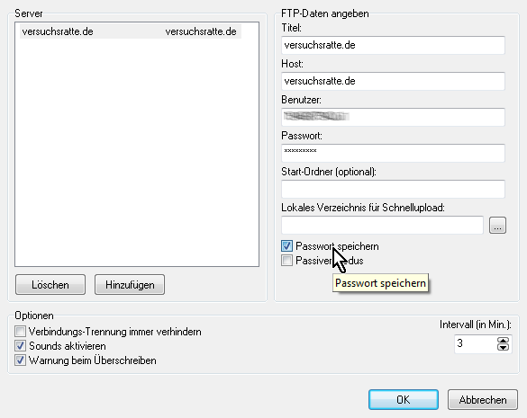 FTP-Zugangsdaten mit Passwort speichern